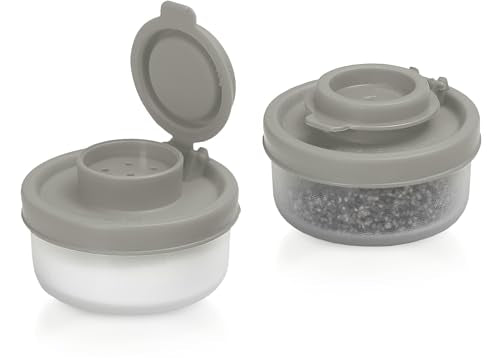 SIGNORAWARE Salt and Pepper Shakers Moisture Proof Set of 2 Small Mini Salt Shaker to go Camping Picnic Outdoors Kitchen Lunch Boxes Travel Spice Set Clear with Red Covers Plastic Airtight Dispenser - color: Gray