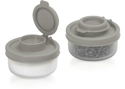 SIGNORAWARE Salt and Pepper Shakers Moisture Proof Set of 2 Small Mini Salt Shaker to go Camping Picnic Outdoors Kitchen Lunch Boxes Travel Spice Set Clear with Red Covers Plastic Airtight Dispenser - color: Gray
