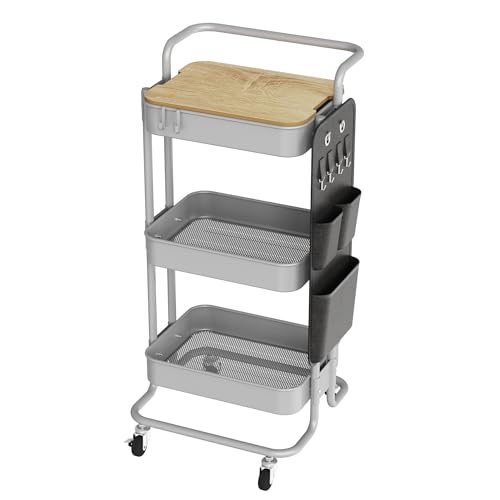 DTK 3 Tier Metal Utility Rolling Cart with Table Top and Side Bags, Tray Storage Organizer Wheels, Art Craft 4 Hooks for Kitchen Bathroom Office Living Room(Grey) - color: Gray, size: Large