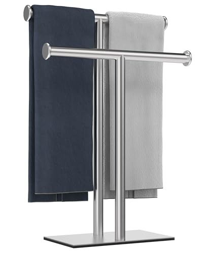 Hand Towel Holder for Bathroom 2-Tier, T-Shape Freestanding Countertop Double Towel Rack Tree, SUS304 Stainless Steel Face Towel Holder Stand for Kitchen Vanity (Brushed Nickel) - color: Brushed Nickel, size: 2 Tier