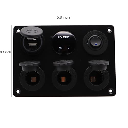 Dual USB Charger Socket Panel for Car, Waterproof 3-Socket 12V Cigarette Lighter Power Outlet Adapter & LED Voltmeter & ON-Off Toggle Switch Multi-Functions Panel for Boat Car RV Truck, for 12-24V Car
