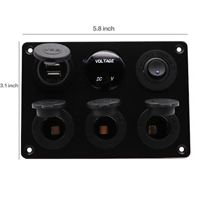 Dual USB Charger Socket Panel for Car, Waterproof 3-Socket 12V Cigarette Lighter Power Outlet Adapter & LED Voltmeter & ON-Off Toggle Switch Multi-Functions Panel for Boat Car RV Truck, for 12-24V Car