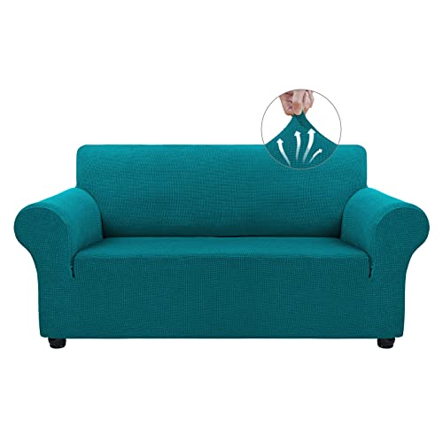 Asnomy Sofa Covers for 2 Cushion Couch Stretch loveseat Covers Slipcovers, Pet Protector Furniture Covers for Dogs Cats Spandex Jacquard Fabric Small Checks （Medium，Peacock Blue） - color: Peacock Blue, size: Medium