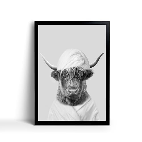 Funny Highland Cow Framed Wall Art in Bathtub,Black and White Canvas Cow in Bathroom Picture, Farmhouse Bathroom Decor,Humor Animals Bathroom Painting Canvas Rustic Style Artwork(8"x10", Framed) - color: Black and White Cow Wall Art, size: 10"L x 8"W