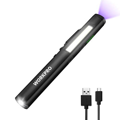 WORKPRO Flashlight Pen Light, Rechargeable Penlight with 365 nm UV Black Light, 450 Lumen LED Mini Pocket Flashlight, for Inspection, Work, Repair, Pet Secretion Detection - color: Black