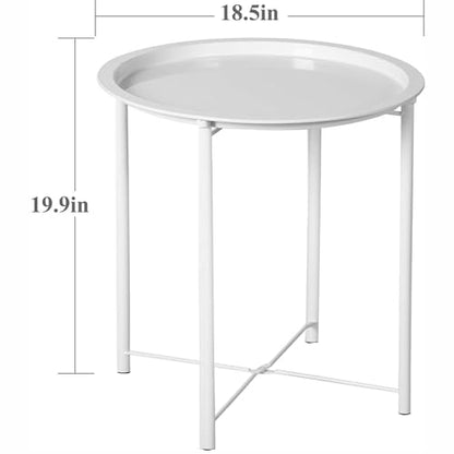 End Table Set of 2, Outdoor Side Table, Small Patio Round Folding Metal Side Tables for Outdoor,Living Room,Bedroom Balcony and Office, 2 PCS - color: White