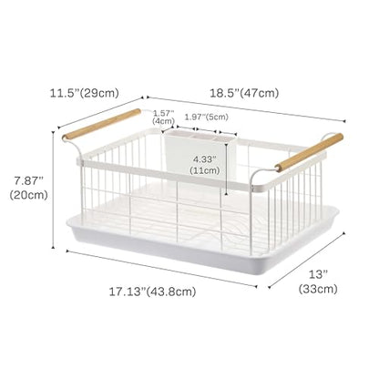 YAMAZAKI Home Dish Drying Rack – Modern White Dish Rack for Kitchen Counter with Removable Drying Tray and Cutlery Holder, Steel + Wood Dish Drying Organizer - Steel + Wood -