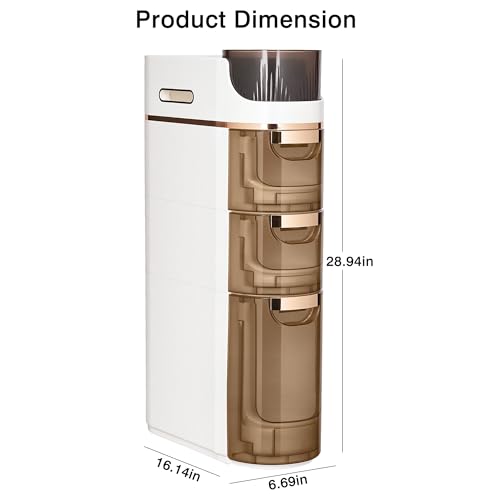 VECELO 3-Tier Slim Bathroom Storage Cabinet with Wheels, Skinny Bathroom Storage Cabinet with Drawers, Toilet Paper Holder, Movable Narrow Floor Cabinet for Small Space, Bathroom - size: 16.14" x 6.69" x 28.94"