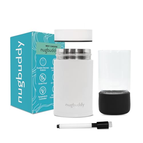 nugbuddy Mini Airtight Storage Container - Vacuum Sealed Insulated w Nested Glass Jar - UV Protection, Temperature Controlled Stainless - 100 ml (1/4 Oz) - color: White, size: 100 ML