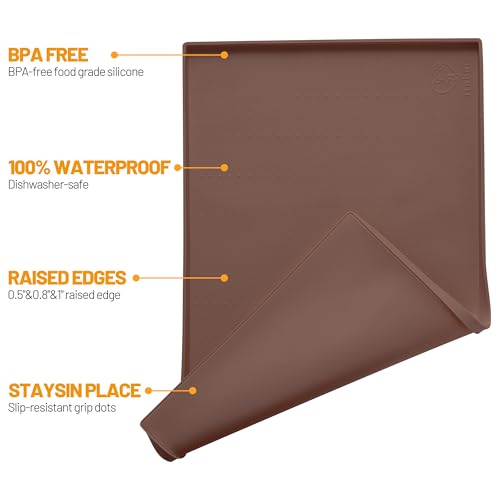 Hubulk Dog Feeding Mat,100% Waterproof Food Grade Silicone Pet Food and Water Bowl Placemat,Dishwasher, High Raised Edge to Prevent Spills,Nonslip Tray to Stop Messes on Floor（24"x16"x0.5", Brown） - color: Brown, size: 24"l X 16"w