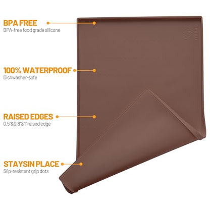 Hubulk Dog Feeding Mat,100% Waterproof Food Grade Silicone Pet Food and Water Bowl Placemat,Dishwasher, High Raised Edge to Prevent Spills,Nonslip Tray to Stop Messes on Floor（24"x16"x0.5", Brown） - color: Brown, size: 24"l X 16"w