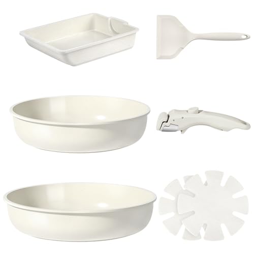 GiPP Ceramic Pots and Pans Set Non Stick, Nonstick Detachable Handle Cookware Sets, Non Toxic Induction Kitchen Pot and Pan with Removable Handle, Healthy RV Cookware, Dishwasher ＆Oven Safe, 7 Piece - color: White, size: 7PCS 04