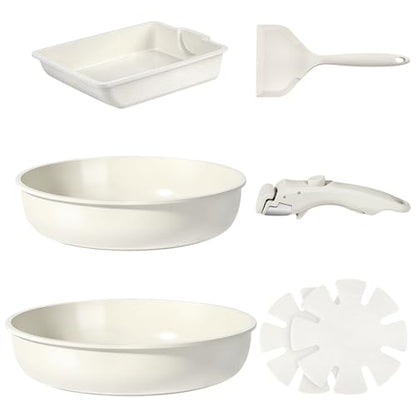 GiPP Ceramic Pots and Pans Set Non Stick, Nonstick Detachable Handle Cookware Sets, Non Toxic Induction Kitchen Pot and Pan with Removable Handle, Healthy RV Cookware, Dishwasher ＆Oven Safe, 7 Piece - color: White, size: 7PCS 04