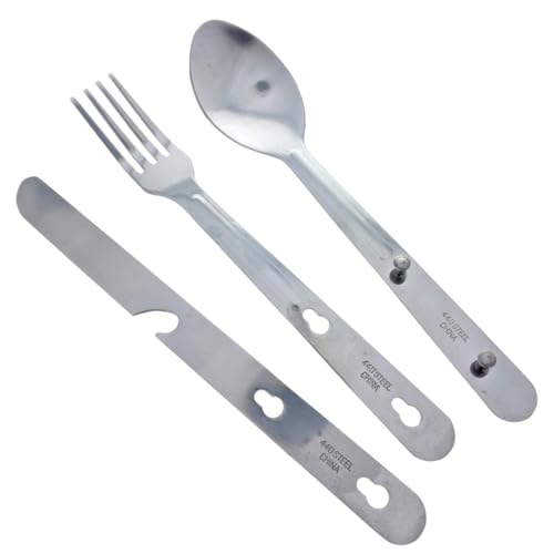 SE 4-in-1 Detachable Stainless Steel Utensil Set - Spoon, Fork, Knife, Bottle Opener - 6.5" Length, Compact for Camping, Hiking, Travel - Includes Clear Pouch - KC7043FSK