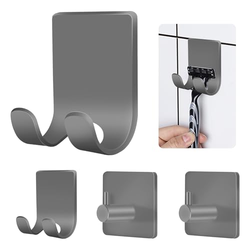 CGBE 4 Pack Shower Hooks - Self Adhesive Shaver Holder Hanger for Bathroom, Damage Free Wall Hooks for Razor, Loofah Sponge - Grey - color: Gray, size: 4 Pack