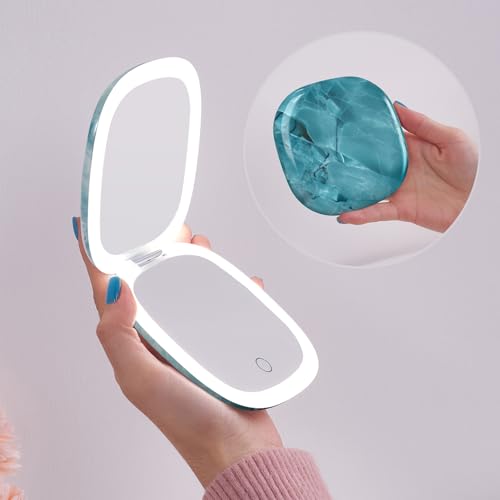 Mocado Compact LED Travel Makeup Mirror - 4 Inches 1X/10X Magnification Travel Mirror with Light Dimmable Double Sides Lighted USB Rechargeable Compact Mirror for Purse,Pocket,Travel(Green Marble) - color: Green Marble