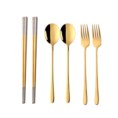 Buyer Star Stainless Steel Korean Chopsticks Spoons and Fork Set, 2 Pack Reusable Forks and Spoons Silverware Korean Utensil Set, Portable Utensils Dinnerware for Home (Gold) - color: Gold