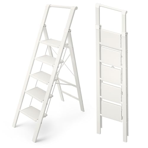 HillhutApex 5 Step Foldable Aluminum Step Ladder with Handgrip, Anti-Slip Pedal, 330 lbs Capacity, Lightweight & Portable for Home, Kitchen, Office, Garage (White) - color: White, size: 5 Step With Handrail