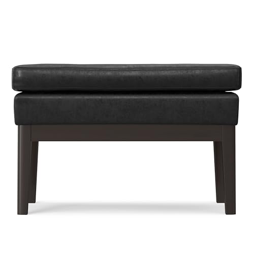 SIMPLIHOME Carlson Small Ottoman Bench - 27 inch Wide Upholstered Woven Fabric Rectangle Ottoman in Distressed Black, Mid Century Modern Bench for Bedroom or Living Room with Padded Seat - color: Distressed Black, style: Small Ottoman Bench