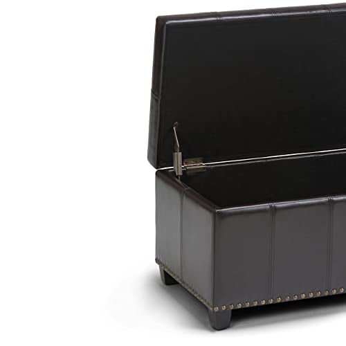 SIMPLIHOME Amelia Storage Ottoman - 33 inch Wide Vegan Leather Rectangle Storage Ottoman Bench in Tanners Brown, Transitional Ottoman for Living Room with Nailhead Trim and Lift-Up Lid - color: Tanners Brown