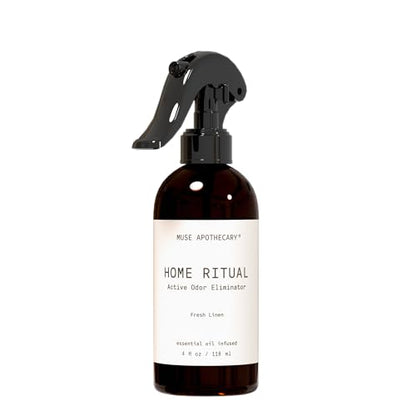 Muse Apothecary Home Ritual Active Odor Eliminator Spray - Furniture Deodorizer Spray & Bathroom Odor Eliminator for Home - Essential Oil Air Freshener - 4oz, Fresh Linen - size: 4 Fl Oz (Pack of 1)