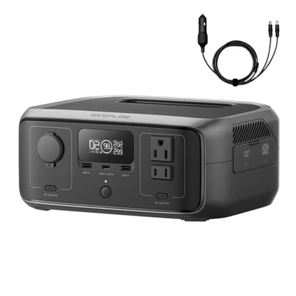 EF ECOFLOW Portable Power Station RIVER 3 with Car Cigarette Lighter to DC Power Adapter, 245Wh LFP Power Station, 2 Up to 600W AC Outlets, <20 MS UPS, 1Hr Fast Charging Solar Generator for Camping - style: RIVER 3+DC CABLE