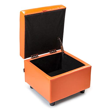 H&B Luxuries Tufted Leather Square Flip Top Storage Ottoman Cube Foot Rest - color: Orange With Storage