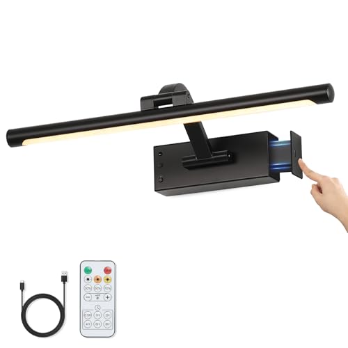 Picture Light Removable Battery Charging, 16in Wireless Art Light for Paintings, Dimmable 5000mAh Recharging Battery Picture Light with Remote Control for Pictures Display - color: Black