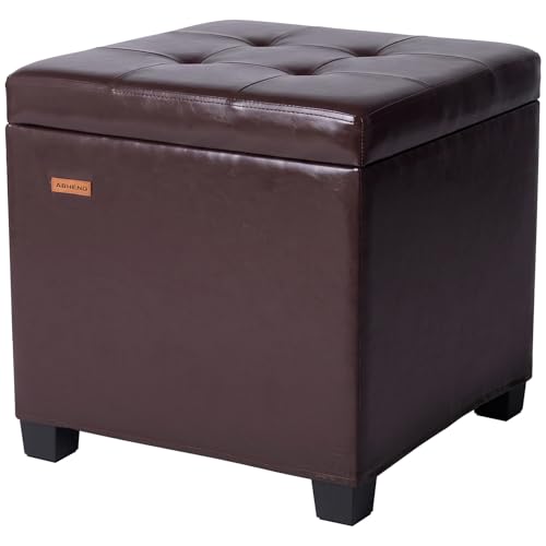 ABHENG Synthetic Leather Cover Steel Frame Ottoman with 48L Storage,17.7" x 17.7" x 17.7" Square Storage Ottoman Stool Cube with Legs,for Dorm Livingroom Brown UASND63R - color: Pu-brown, size: 17.7"D x 17.7"W x 17.7"H