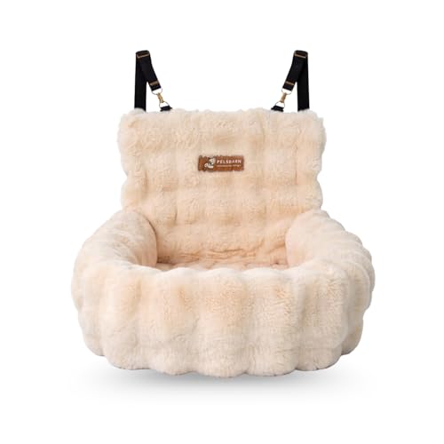 Pelsbarn Luxurious Cozy Car Bed - Small Luxury Travel Dog Bed with Safety Belt - Ultra Soft Faux Fur - Beige - color: Beige, size: Small