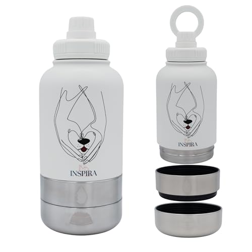 INSIPRA 32oz Dog Water Bottle with Food & Water Bowls – 3-in-1 Portable Pet Travel Bottle with Magnetic Phone Holder, Leakproof, BPA Free, Insulated - color: WHITE
