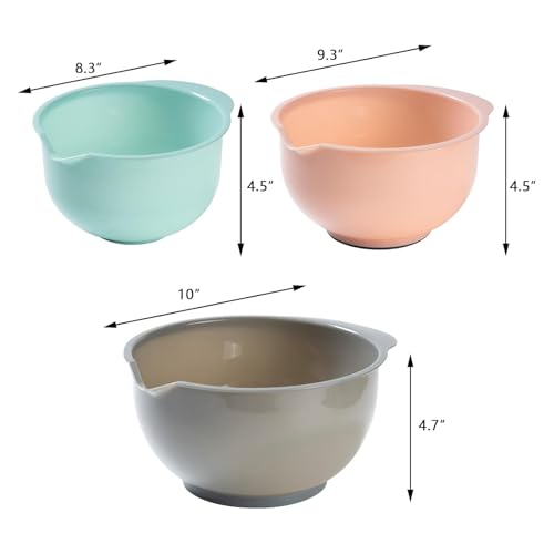 Nesting Plastic Mixing Bowls, Set Of 3, 1.5 quart, 2 quart, 2.5quart, Nesting Bowls with Non Slip Base and Easy Pour Spout, Dishwasher Safe (Green Pink Grey) - color: Green Pink Grey