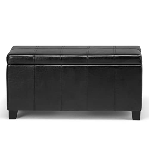SIMPLIHOME Dover Storage Ottoman Bench - 36 inch Wide Upholstered Vegan Leather Rectangular Lift-Top Ottoman in Midnight Black, Contemporary Bench for Living Room with Safety Hinges - color: Midnight Black