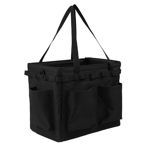 Collapsible Car Trunk Organizer - Large Foldable Grilling Tools Storage Bin Basket with 4 Pockets & Long Strap, Heavy-Duty Trunk Tote Bag for SUV Truck Camping Gear BBq Tools Organizer(Black)