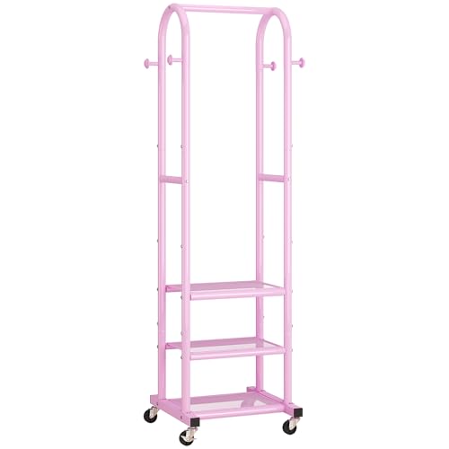 Dttwacoyh Metal Clothing Rack with Wheels and Hanging Hooks,Narrow Coat and Shoe Rack,Small Hall Tree,for Small Space, Bedroom, entryway, Walk-in Closet, Laundry Room– Pink - color: Pink