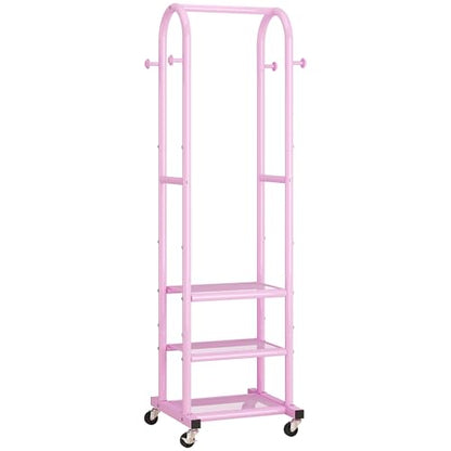 Dttwacoyh Metal Clothing Rack with Wheels and Hanging Hooks,Narrow Coat and Shoe Rack,Small Hall Tree,for Small Space, Bedroom, entryway, Walk-in Closet, Laundry Room– Pink - color: Pink