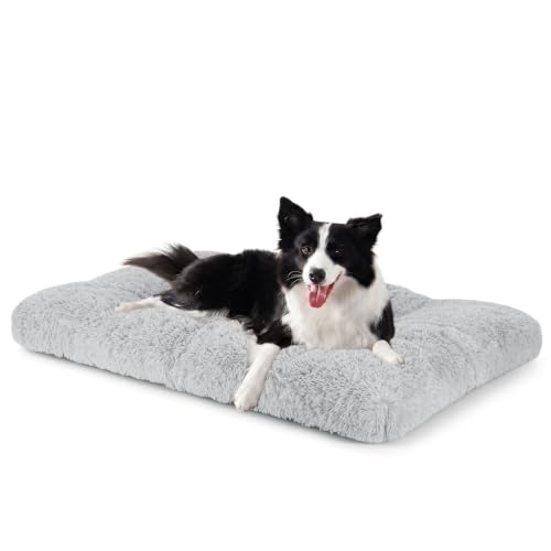 JOEJOY Large Dog Bed Crate Pad, Deluxe Plush Washable Dog Beds Fulffy Soft Kennel Pad Anti-Slip Pet Sleeping Mat for Large Medium Small Dogs, 35" x 23", Grey - color: Grey, size: L(35"x23"x3.5")