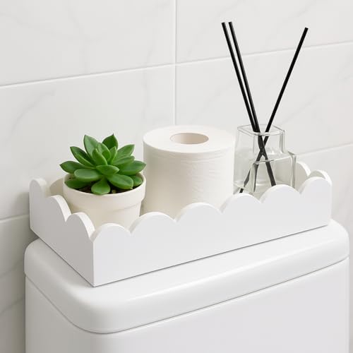 AceOrbit White Toilet Paper Basket Storage Scalloped Wooden Toilet Tank Tray Topper Farmhouse Bathroom Storage Organizer for Bedroom Vanity Kitchen Countertop Dresser Shelf Table Home Decor - color: White