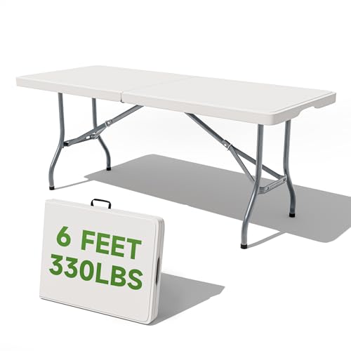 Folding Table 6 Foot - Heavy Duty 330LBS Capacity, Sturdy & Foldable Design with Safety Lock - Portable Tables Folding for Camping, Party, Indoor & Outdoor Use, 1 Pack - color: White, size: 6FT-1 PACK, style: Standard