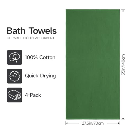 REDKISS 100% Cotton Waffle Weave Bath Towels 4 Piece - 27.5x55 Inches| Lightweight, Quick Dry & Highly Absorbent,Perfect for Spa, Gym, Travel, Guest Bathroom-Green - color: Green