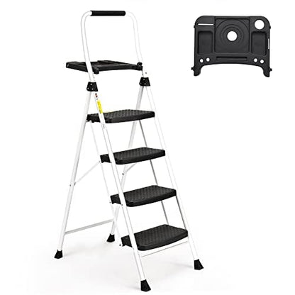 SocTone 4 Step Ladder, Folding Step Stool with Tool Platform, Sturdy& Portable Steel Ladder for Adults, 330LBS Capacity Ladder for Home Kitchen Pantry Office - size: 4-Step
