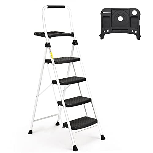SocTone 4 Step Ladder, Folding Step Stool with Tool Platform, Sturdy& Portable Steel Ladder for Adults, 330LBS Capacity Ladder for Home Kitchen Pantry Office - size: 4-Step