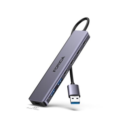 FORIDA Aluminum Alloy 7-Port USB Hub, Portable Multiport USB Splitter Adapter with 4 USB-C 3.0, 2 USB 2.0, 5V Type-C Port, Fast USB Extender Compatible with Laptop, PC, Desktop Computer