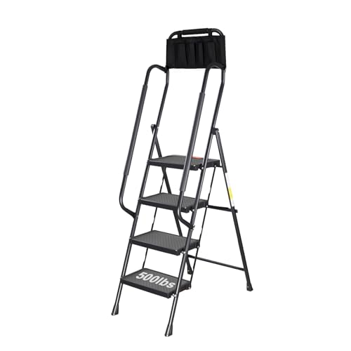 Valeo 4 Step Ladder with Handrails,500 Lbs Capacity,Folding Step Stool Ladder with Attachable Tool Bag,Lightweight & Storage Step Ladder 4 Step Folding,Multi-use for Home,Kitchen,Office,Black - style: 4 Step Ladder with Handrails