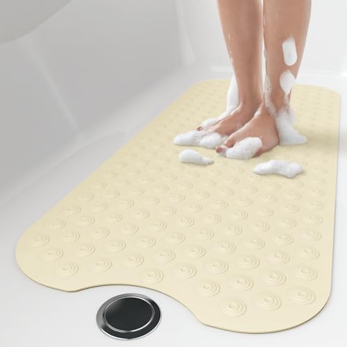 OTHWAY No Suction Cup Bath Mat: 39x16 inch Extra Long Bathmat│Perfect for Refinished or Ordinary Bath Tubs│Made of Nature Rubber│a Blessing for the Elderly and Children (Beige) - color: E-beige