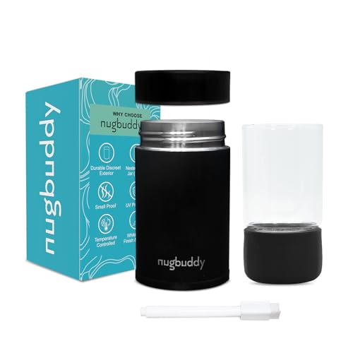 nugbuddy Mini Airtight Storage Container - Vacuum Sealed Insulated w Nested Glass Jar - UV Protection, Temperature Controlled Stainless - Whiteboard Finish w Marker Included - 100 ml - color: Black, size: 100 ML