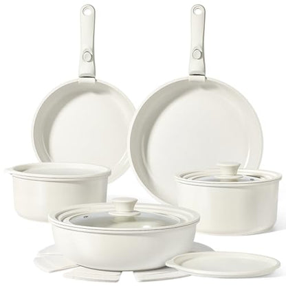 GiPP Ceramic Pots and Pans Set Non Stick, Nonstick Detachable Handle Cookware Sets, Healthy Non Toxic PFAS PFOA & PTFE Free, Dishwasher ＆Oven Safe, Induction Kitchen Pot and Pan, 15 Piece Cream - color: White, size: 15PCS 02
