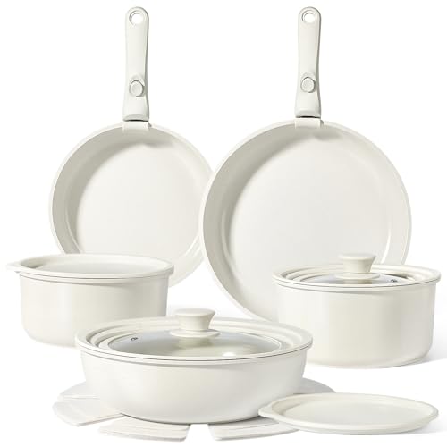 GiPP Ceramic Pots and Pans Set Non Stick, Nonstick Detachable Handle Cookware Sets, Healthy Non Toxic PFAS PFOA & PTFE Free, Dishwasher ＆Oven Safe, Induction Kitchen Pot and Pan, 15 Piece Cream - color: White, size: 15PCS 02