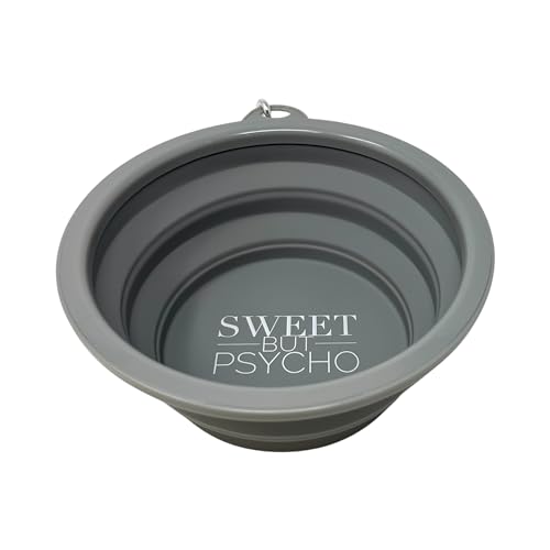 SparkDog Sweet But Psycho Collapsible Dog Bowl, 1000ML (34oz) –XL Food-Grade Silicone Travel Bowl with Sturdy Rim – Extra Large Portable for Dogs & Cats – Great for Pet Lovers (Gray) - color: Gray-"Sweet But Psycho"