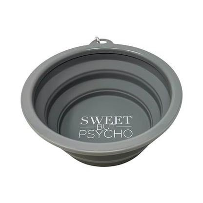 SparkDog Sweet But Psycho Collapsible Dog Bowl, 1000ML (34oz) –XL Food-Grade Silicone Travel Bowl with Sturdy Rim – Extra Large Portable for Dogs & Cats – Great for Pet Lovers (Gray) - color: Gray-"Sweet But Psycho"